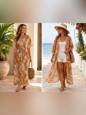 Rust Floral Maxi Dress & Duster - Lightweight Beach Cover-Up